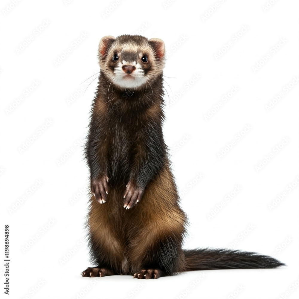 curious brown and white ferret standing on hind legs looking up against white background curious brown and white ferret standing on hind legs looking up against white background
