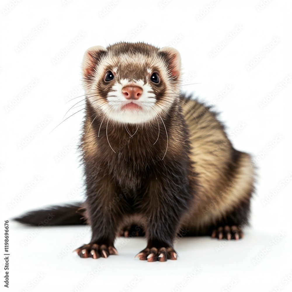 cute brown and white ferret posing on white background looking at the camera cute brown and white ferret posing on white background looking at the camera