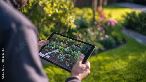 Landscape designer using a tablet to visualize and create a green backyard garden layout