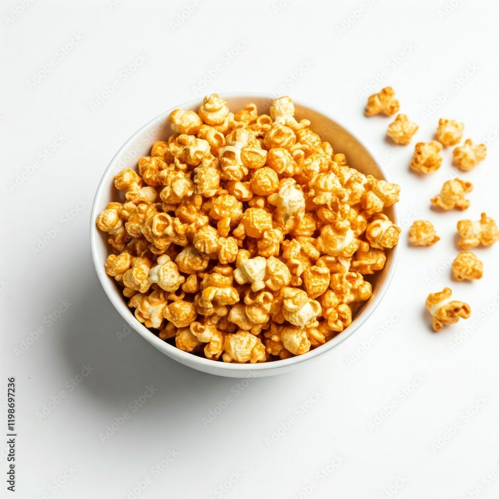 freshly made caramel popcorn in white bowl on white background freshly made caramel popcorn in white bowl on white background