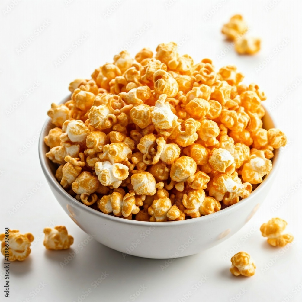 closeup of caramel popcorn in white bowl on white surface closeup of caramel popcorn in white bowl on white surface