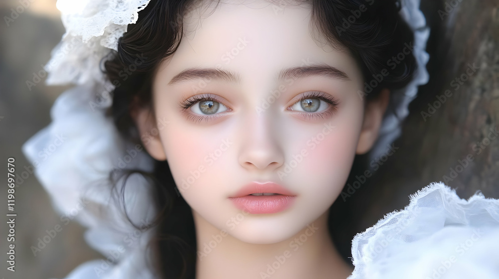 Portrait of a Young Girl with Delicate Features Wearing a Lace Bonnet, Charming Expression Gracefully Posed Portrait of a Young Girl with Delicate Features Wearing a Lace Bonnet, Charming Expression Gracefully Posed