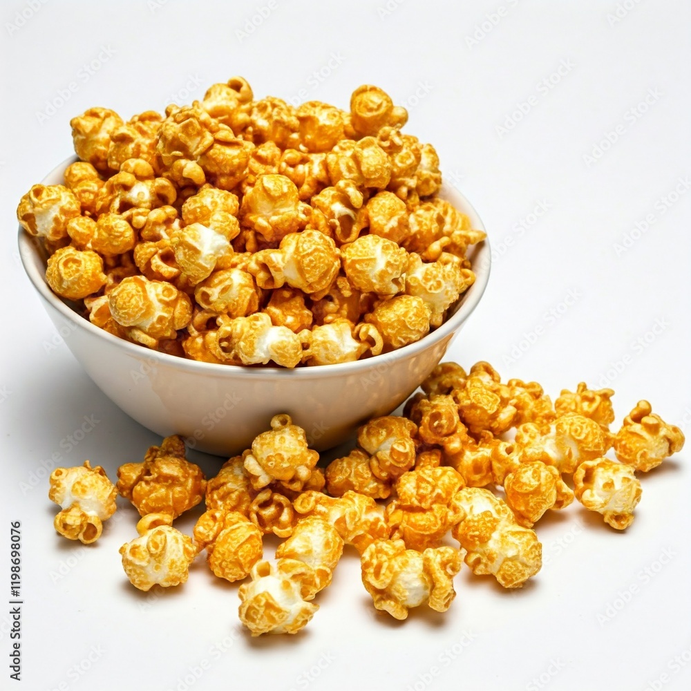 delicious caramel popcorn spilled out of a white bowl on a white background delicious caramel popcorn spilled out of a white bowl on a white background