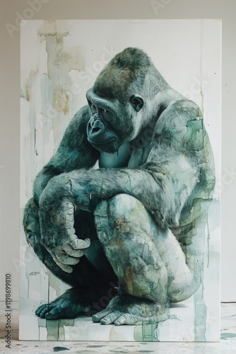 Large painting of a pensive, teal gorilla. photo