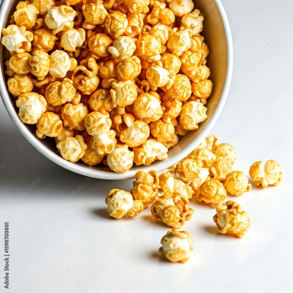 close up of delicious caramel popcorn spilling from a white bowl on a white background close up of delicious caramel popcorn spilling from a white bowl on a white background