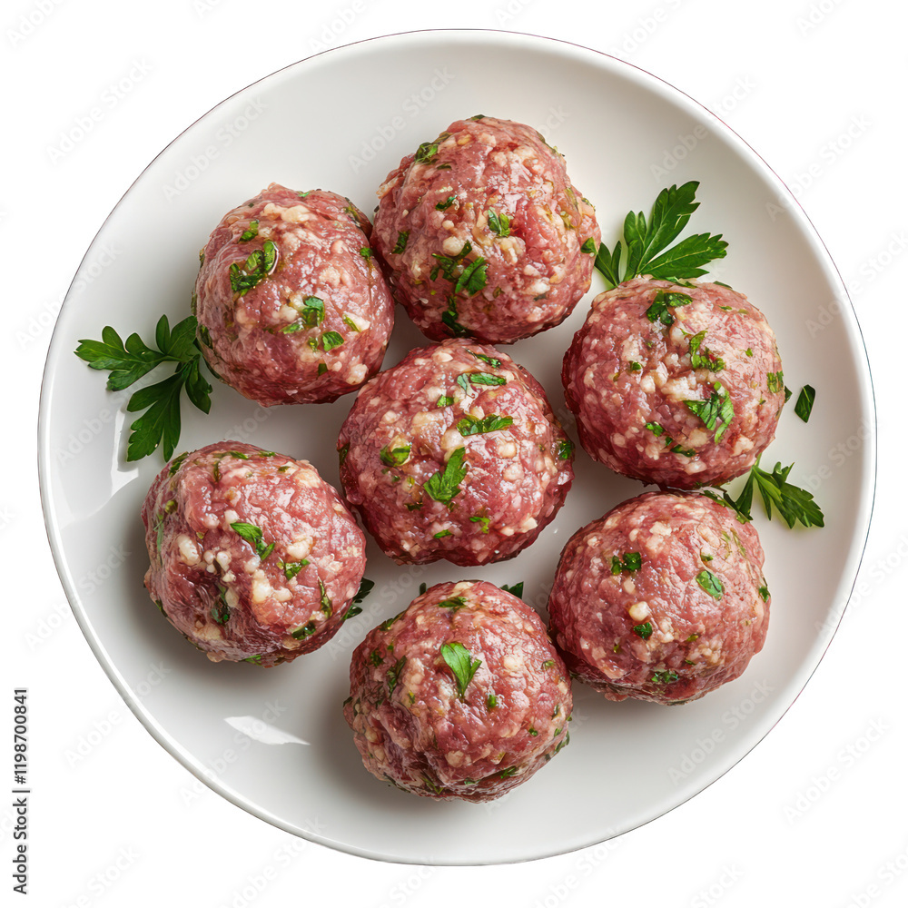 Heap of fresh raw meatballs on white plate isolated on transparent background Heap of fresh raw meatballs on white plate isolated on transparent background