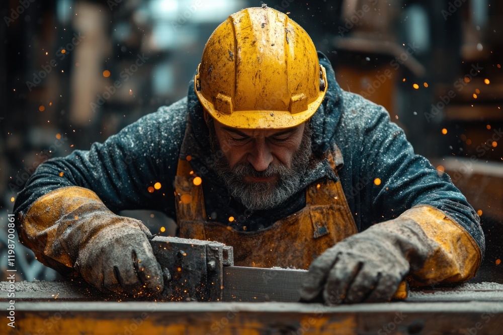 Skilled worker in a workshop focuses on crafting wood with precision and care during a bright industrial day Skilled worker in a workshop focuses on crafting wood with precision and care during a bright industrial day
