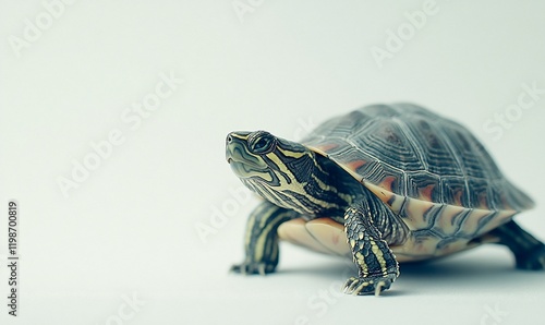 Turtle walking, white background, studio shot, pet reptile photo