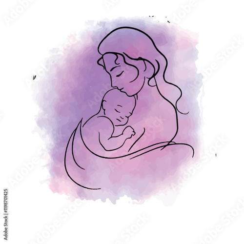 Mom with Baby in Watercolor vector Design, Watercolor Illustration of Mother and baby, Mothers day concept photo