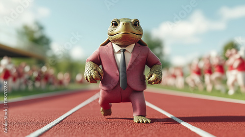 The Tortoise and the Hare: A playful and motivational illustration of a determined tortoise in a suit racing ahead of a cheering crowd on a red track. photo