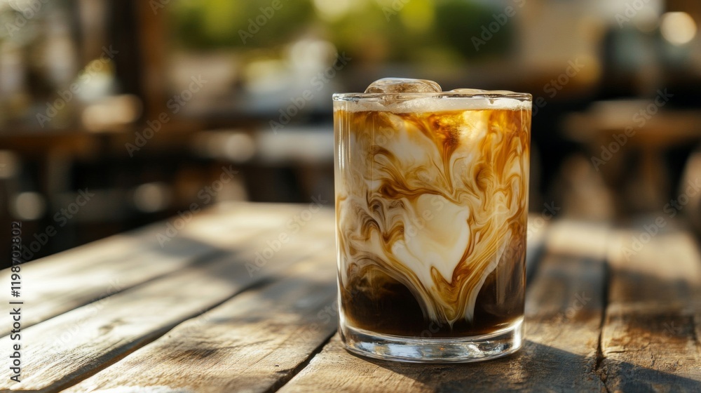 Iced coffee with milk and ice in a glass on a wooden table Iced coffee with milk and ice in a glass on a wooden table