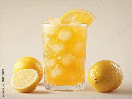 Drink Photo: Refreshing Lemonade with Lemon Slices in a Transparent Glass photo