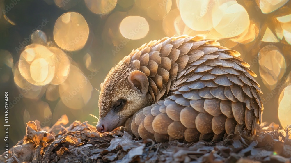 Fototapeta premium Pangolin curled in leaves at sunset.