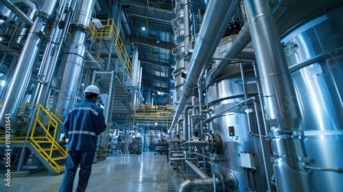 A modern industrial chemical processing plant with engineers overseeing the synthesis of specialty chemicals used in electronics manufacturing, Chemical processing plant scene