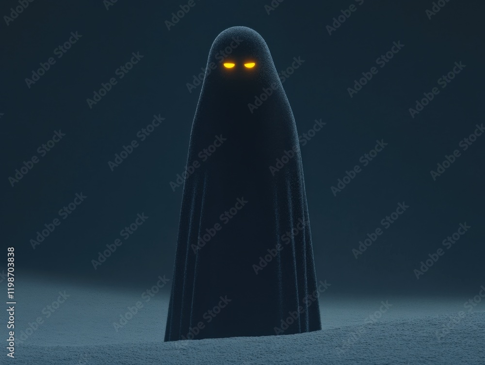 spooky ghost figure with glowing eyes in a dark foggy landscape spooky ghost figure with glowing eyes in a dark foggy landscape