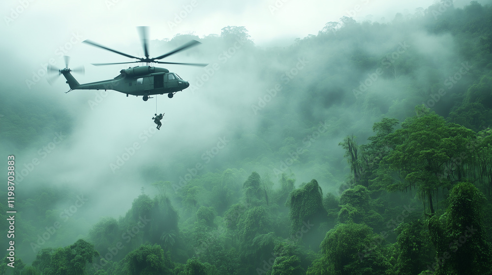 Fototapeta premium Rescue Mission in the Mist: A dramatic shot of a helicopter conducting a daring rescue operation in a dense, misty jungle. The scene is shrouded in mystery and tension.