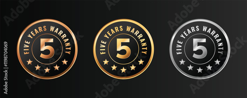 5  years warranty badge, logo, stamp design. Golden and platinum round elegant warranty template sticker.