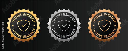 Lifetime warranty badge, logo, stamp design. Golden and platinum elegant warranty template sticker.
