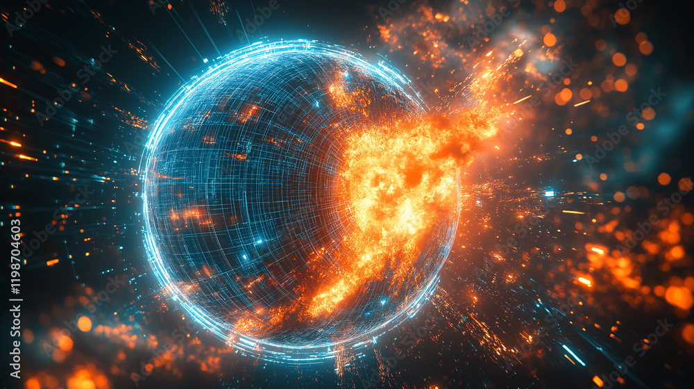 Obraz premium Digital globe engulfed in flames symbolizing global wildfires and climate change