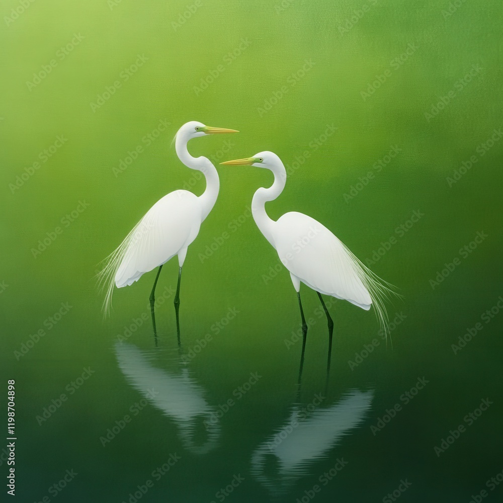 Fototapeta premium two white herons standing in shallow water with reflections