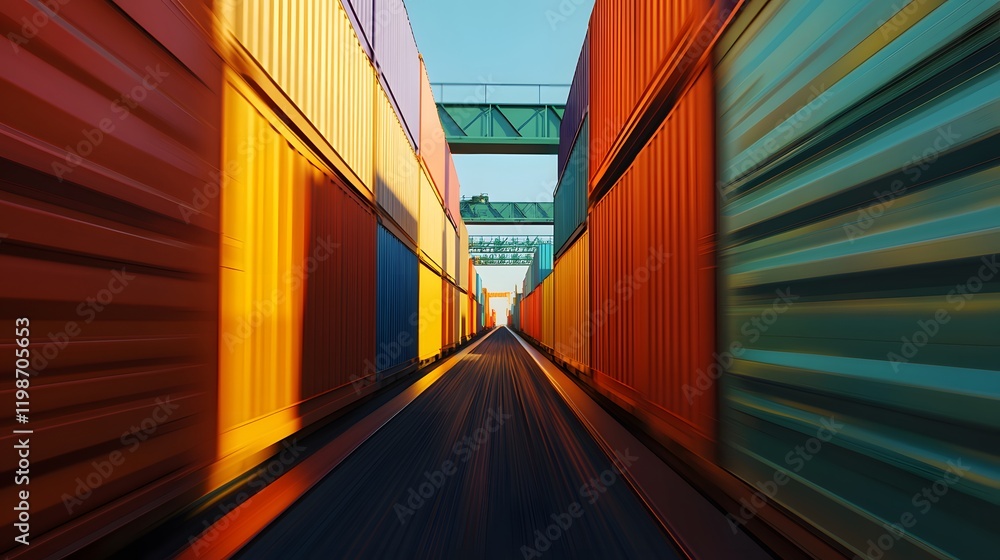 Obraz premium Colorful Shipping Containers Corridor At Sunset