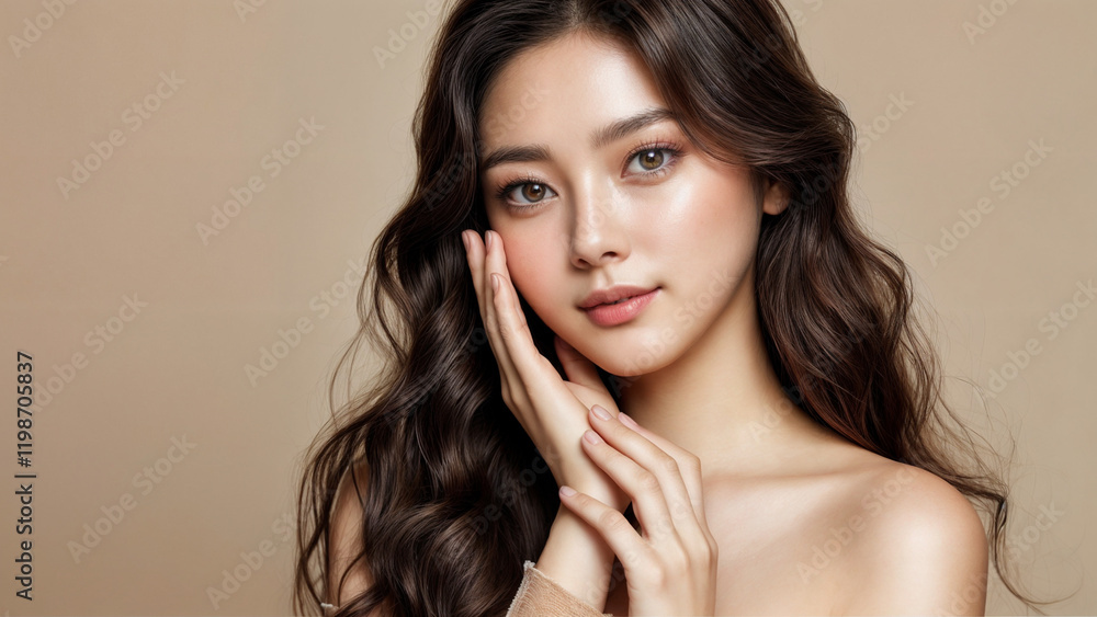 Naklejka premium A woman with beautiful long dark hair and fair skin is holding her face with both hands, looking at the camera with a soft and gentle expression