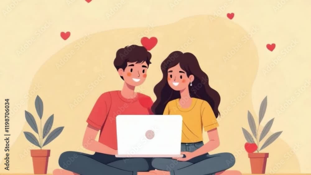 Happy Couple Using Laptop with Love, heart, together, family Happy Couple Using Laptop with Love, heart, together, family