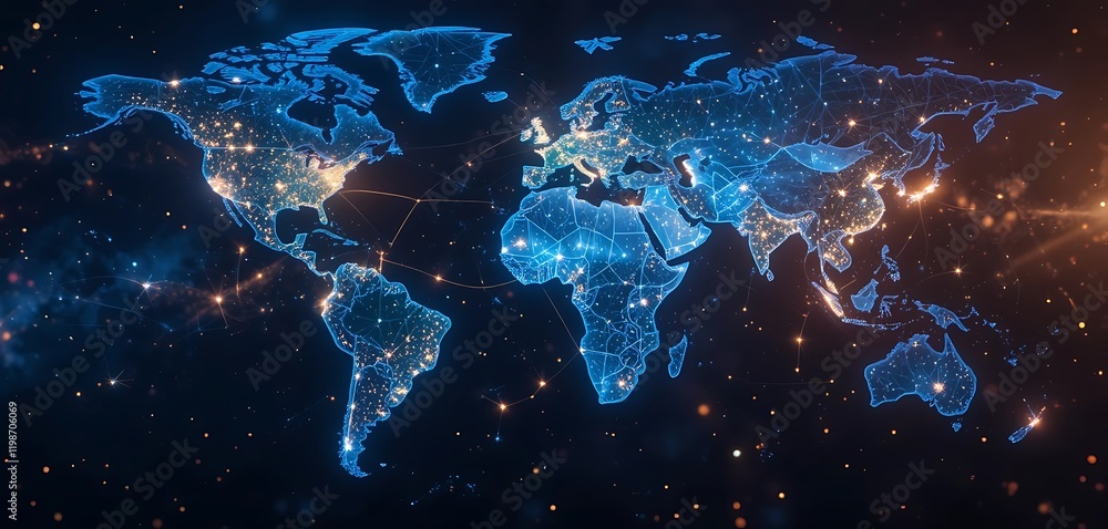 Obraz premium Global Network Illuminated World Map Showing Interconnections