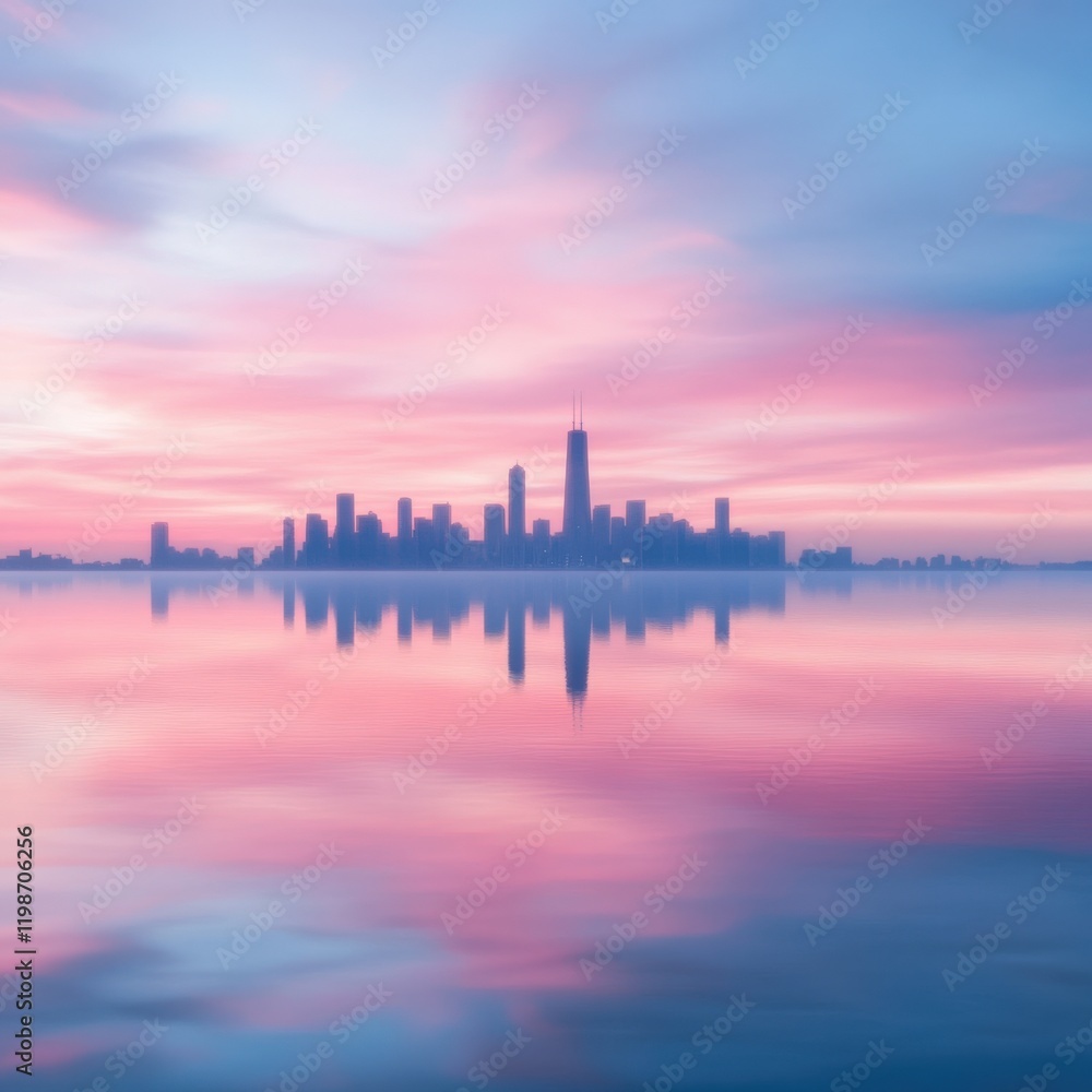 Fototapeta premium stunning pink and blue sunrise over a city skyline with reflection in calm water