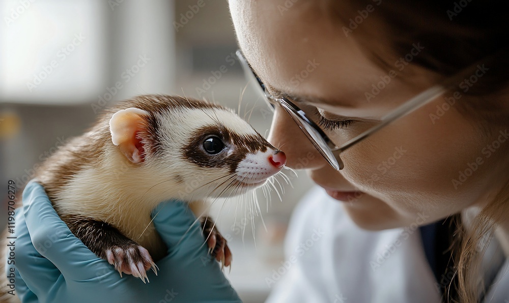 Veterinarian examining ferret; lab background Veterinarian examining ferret; lab background