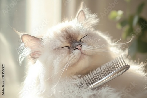 Soft serene image of Persian cat being groomed