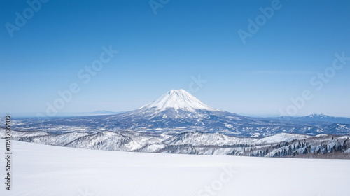 Majestic Volcano under Clear Sky: A snow-capped volcano dominates the horizon, its majestic peak piercing a brilliant blue sky. The foreground reveals a vast expanse of snow-covered terrain. photo