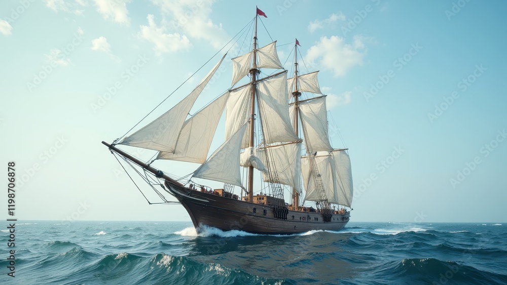 Fototapeta premium A majestic three-masted sailing ship glides through azure waves; its dark brown hull contrasts with billowing white sails, dancing gracefully under an expansive sky