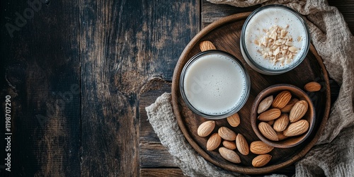 A nutritious, plant based milk substitute made from almonds, free from dairy, is presented in a glass and a bowl set atop a wooden desk for a natural aesthetic.
