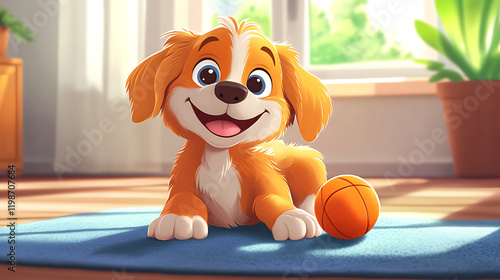 A cheerful cartoon dog playing with a ball on the house floor, cute and playful style, vibrant colors, joyful atmosphere, simple background, cartoon art style, wholesome scene