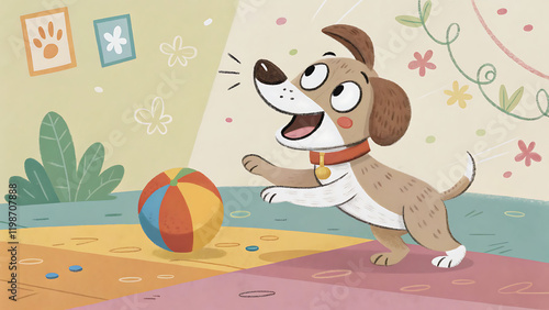 A cheerful cartoon dog playing with a ball on the house floor, cute and playful style, vibrant colors, joyful atmosphere, simple background, cartoon art style, wholesome scene