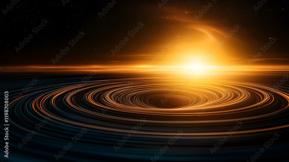 Obraz premium The image shows a swirling vortex of light and color, resembling a black hole, set against a backdrop of a starry night sky and a vibrant orange sunset.A mesmerizing cosmic scene unfolds: a dark vort