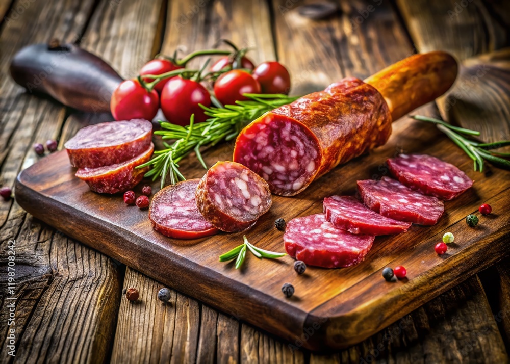 Rustic Close-up: Sliced Smoked Pork Salami on Wooden Board