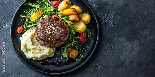 Delicious burger served with creamy mashed potatoes and a fresh vegetable salad on a sleek black plate, beautifully contrasting against a dark grey slate background, showcasing the burger s appeal. photo