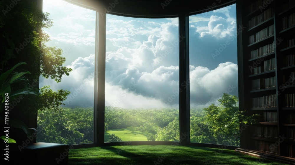 serene library with a view of a lush green landscape and cloudy sky serene library with a view of a lush green landscape and cloudy sky