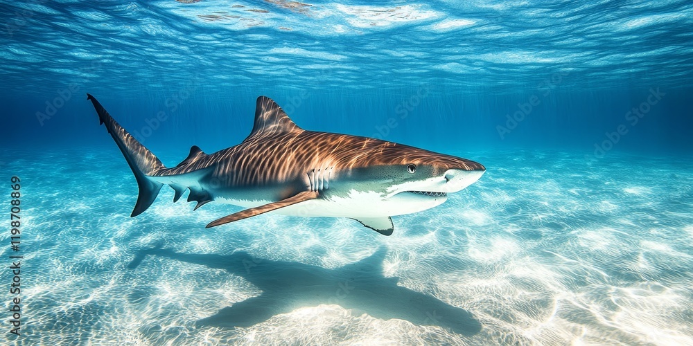 Naklejka premium Tiger Shark swimming in clear waters, showcasing the unique characteristics of the tiger shark species. The beauty and power of the tiger shark are evident as it glides gracefully through the sea.