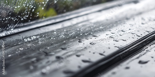 A close up view of a greenhouse roof made of plastic, showing the wet surface during rainy weather conditions. The plastic covering is noticeably damp from the rain. photo