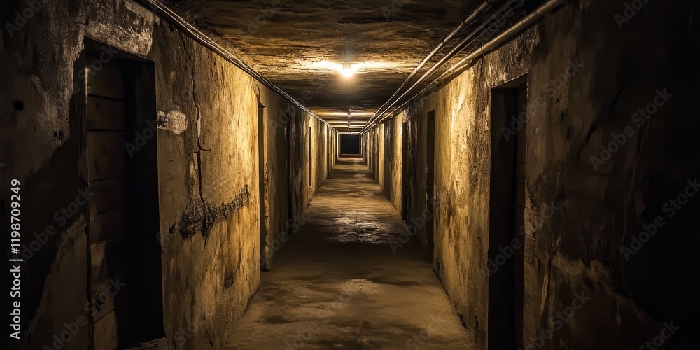 Dimly lit corridor within an old underground military bunker, highlighting the atmosphere and structure of a historical fortification. This dark corridor showcases the unique features of military Dimly lit corridor within an old underground military bunker, highlighting the atmosphere and structure of a historical fortification. This dark corridor showcases the unique features of military
