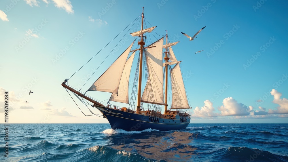 Fototapeta premium A majestic sailing ship glides across the ocean's expanse, its towering three-mast silhouette adorned with pristine white sails billowing gracefully in the breeze, as it journeys onward toward the hor