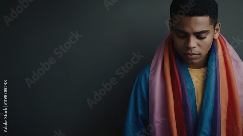 Thoughtful Young Man Wrapped in Pride Flag LGBTQ Portrait Diversity