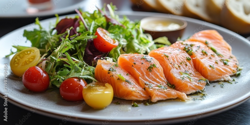 Mediterranean cuisine served on a table features a plate of narrow slices of fried salmon, paired with a fresh green salad, cherry tomatoes, and white bread, highlighting the essence of Mediterranean Mediterranean cuisine served on a table features a plate of narrow slices of fried salmon, paired with a fresh green salad, cherry tomatoes, and white bread, highlighting the essence of Mediterranean