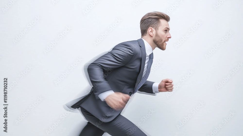 Businessman Running: A determined businessman in a sharp suit runs swiftly, conveying a sense of urgency and ambition. The dynamic composition emphasizes his drive and pursuit of success. Businessman Running: A determined businessman in a sharp suit runs swiftly, conveying a sense of urgency and ambition. The dynamic composition emphasizes his drive and pursuit of success.