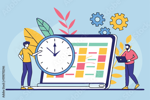 Project management, digital calendar, task organization, time management, team collaboration, productivity tools, deadline tracking, colorful illustration, flat design, minimalist characters, giant la