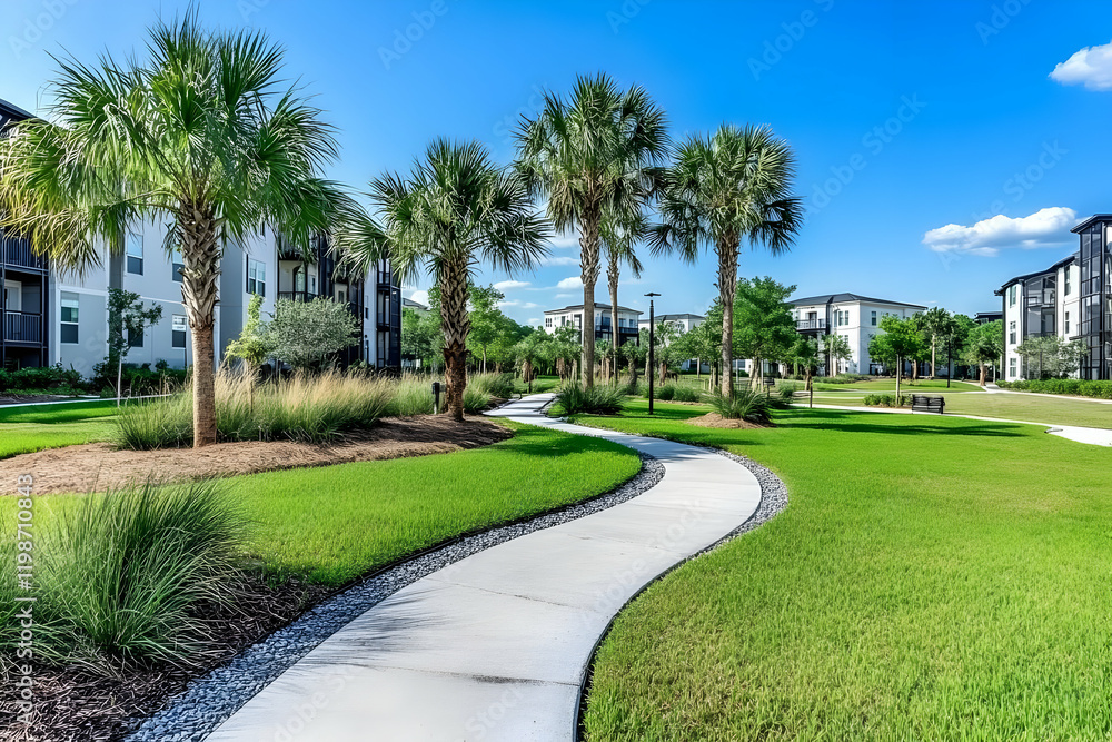 Fototapeta premium Winding Pathway Meanders Through Lush Green Landscape with Palm Trees and Modern Buildings under Blue Sky
