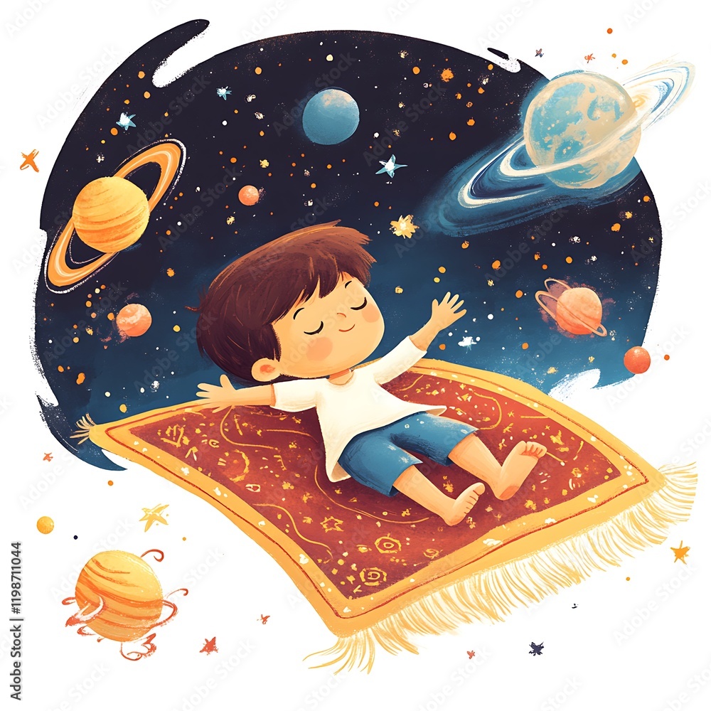 A whimsical illustration of a child peacefully sleeping on a magic carpet soaring through a vibrant galaxy. A whimsical illustration of a child peacefully sleeping on a magic carpet soaring through a vibrant galaxy.
